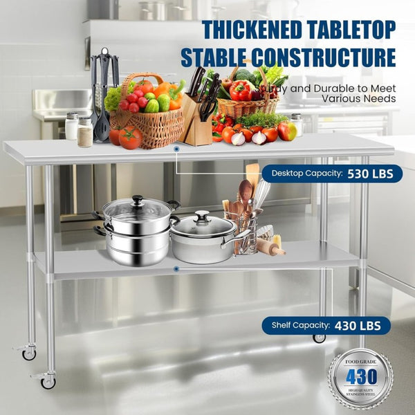 English Elm Stainless Steel Nsf Prep Table with Locking Casters and Adjustable Undershelf for Kitchens W1192P341035