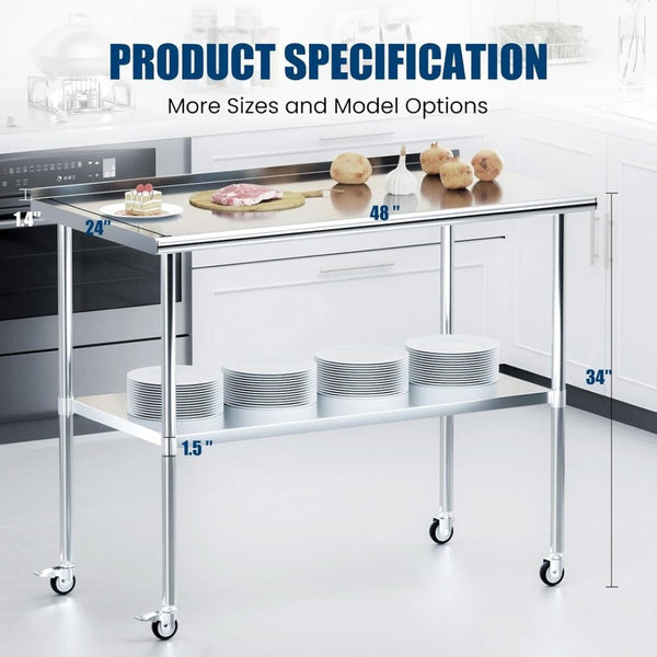 English Elm Stainless Steel Nsf Certified Commercial Worktable with Locking Casters and Adjustable Shelf W1192P341043