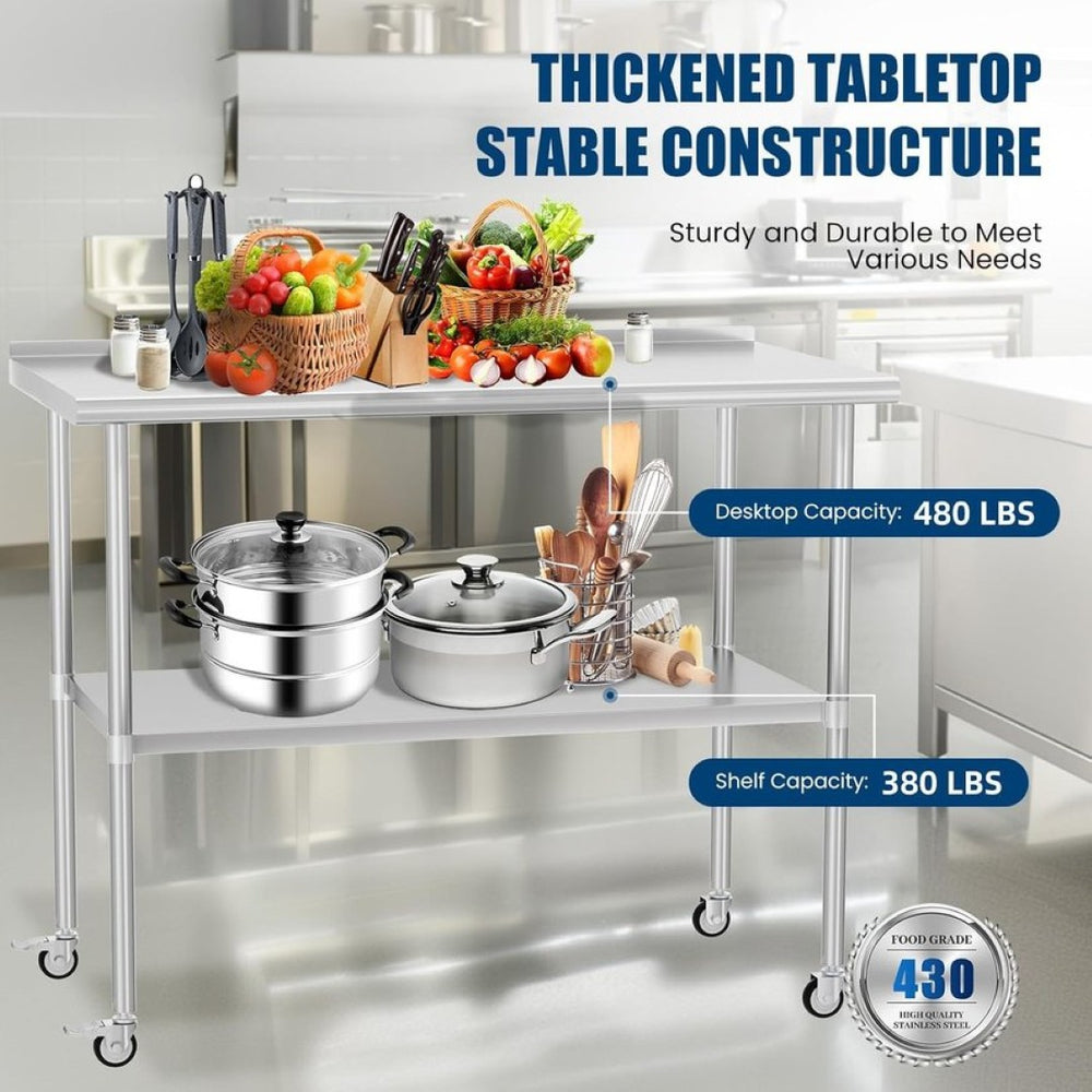 English Elm Stainless Steel Nsf Certified Commercial Worktable with Locking Casters and Adjustable Shelf W1192P341043