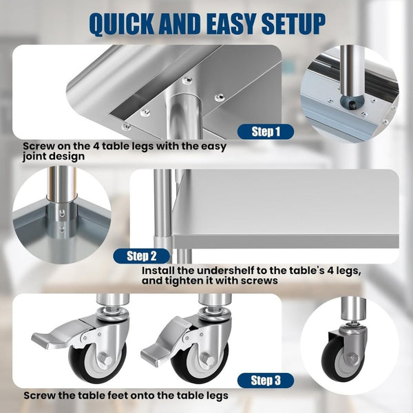 English Elm Stainless Steel Nsf Certified Commercial Worktable with Locking Casters and Adjustable Shelf W1192P341043