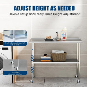 English Elm Stainless Steel Nsf Certified Commercial Worktable with Locking Casters and Adjustable Shelf W1192P341043