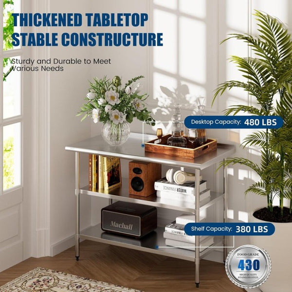 English Elm Stainless Steel Nsf Certified Prep Table with Adjustable Shelves for Kitchen or Garage W1192P341063