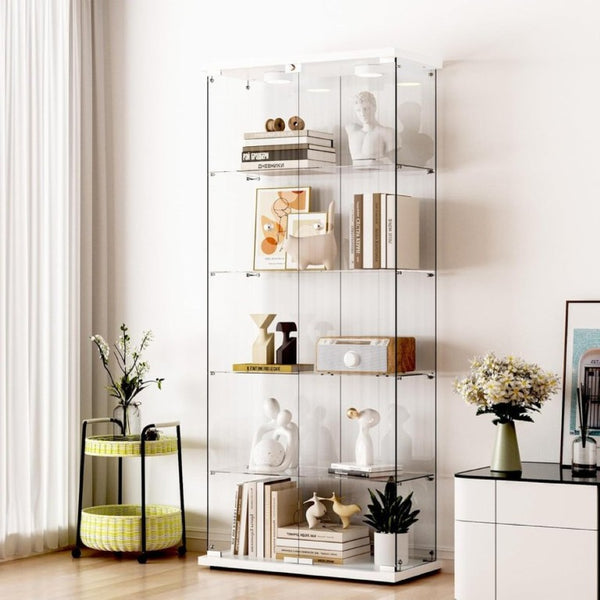 English Elm Glass Display Cabinet Five Shelf Locking Door with LED Lighting for Living Room Decor W1192P354181