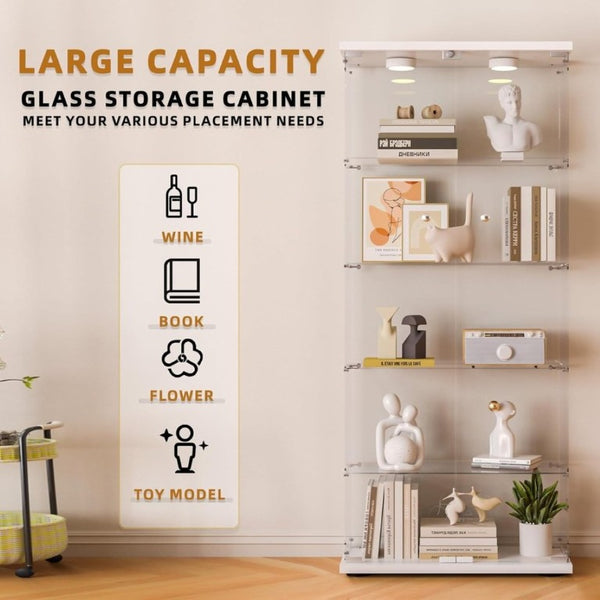 English Elm Glass Display Cabinet Five Shelf Locking Door with LED Lighting for Living Room Decor W1192P354181