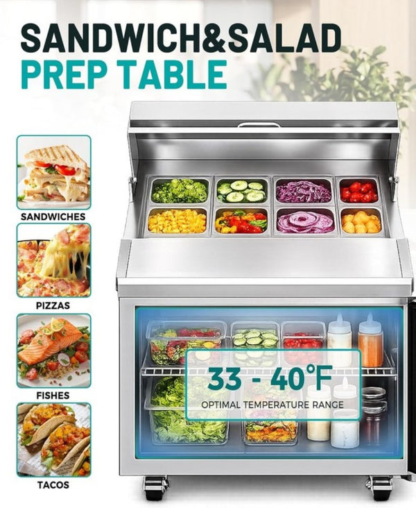 English Elm 27 Inch Commercial Prep Table Refrigerator Stainless Steel Fan Cooled with Cutting Board W1192P485810