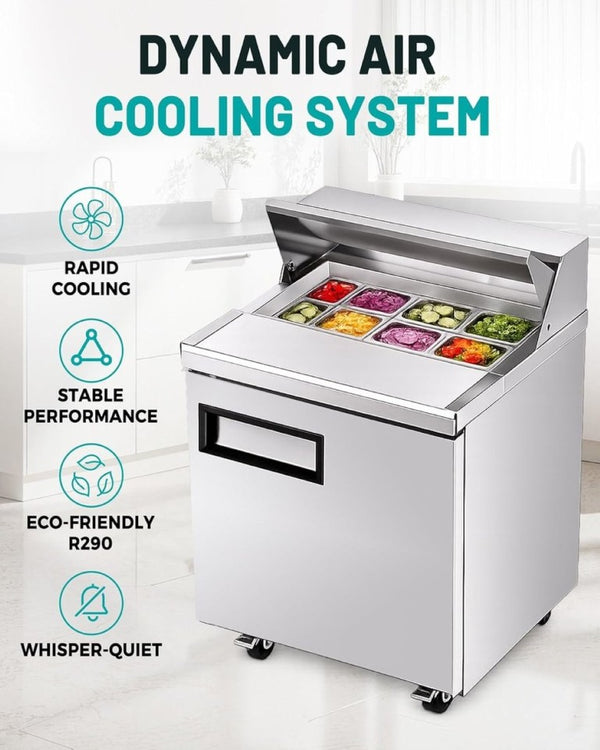 English Elm 27 Inch Commercial Prep Table Refrigerator Stainless Steel Fan Cooled with Cutting Board W1192P485810
