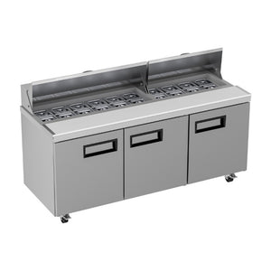 English Elm 72 Inch Stainless Steel Three Door Sandwich Salad Prep Table with Fan Cooling 20 Cu Ft W1192P485814
