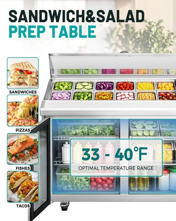 English Elm 72 Inch Stainless Steel Three Door Sandwich Salad Prep Table with Fan Cooling 20 Cu Ft W1192P485814