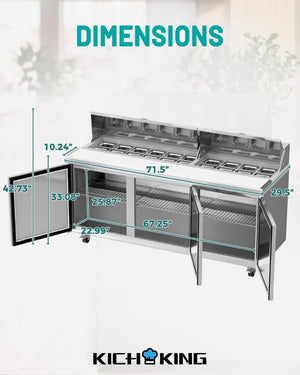 English Elm 72 Inch Stainless Steel Three Door Sandwich Salad Prep Table with Fan Cooling 20 Cu Ft W1192P485814