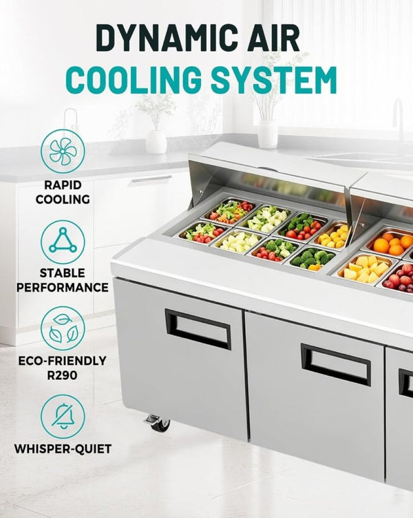 English Elm 72 Inch Stainless Steel Three Door Sandwich Salad Prep Table with Fan Cooling 20 Cu Ft W1192P485814
