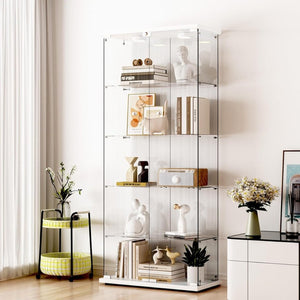 English Elm Glass Display Cabinet Five Shelf Tempered Frameless Unit with Led Lighting for Living Room W1192S00002