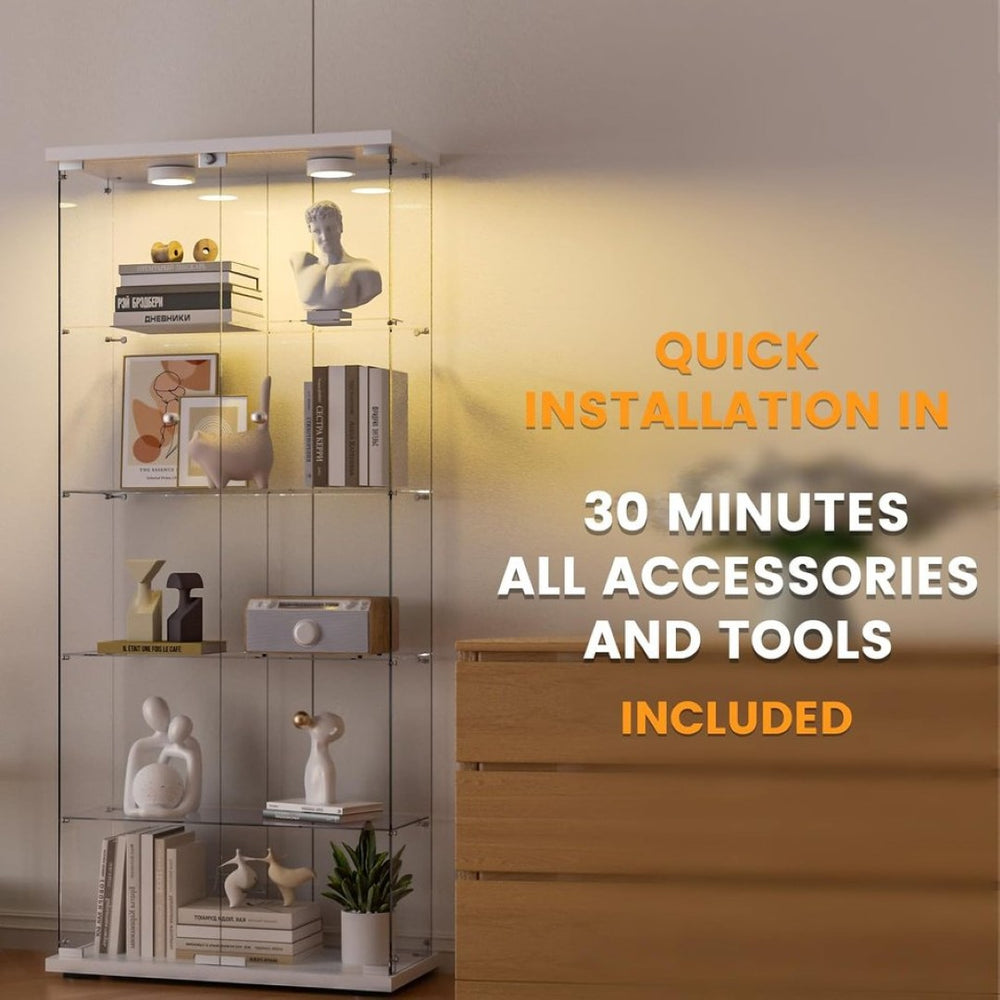 English Elm Glass Display Cabinet Five Shelf Tempered Frameless Unit with Led Lighting for Living Room W1192S00002