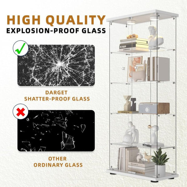 English Elm Glass Display Cabinet Five Shelf Tempered Frameless Unit with Led Lighting for Living Room W1192S00002