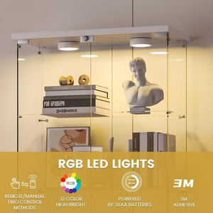 English Elm Glass Display Cabinet Five Shelf Tempered Frameless Unit with Led Lighting for Living Room W1192S00002