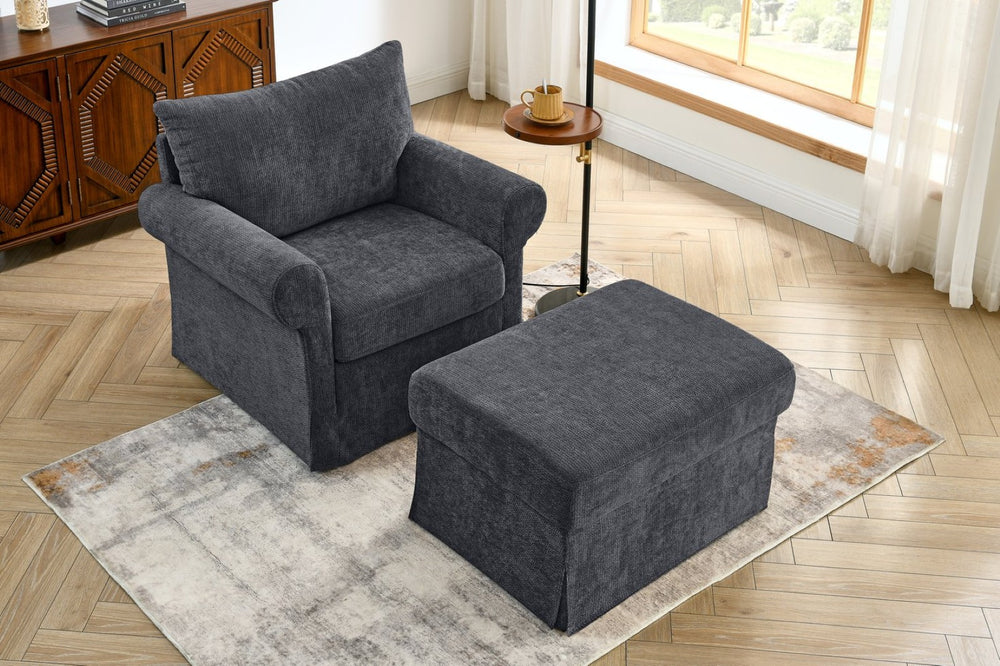 English Elm 37.5" Wide Chenille Armchair with Ottoman Plush Foam Seat for Bedroom Lounge Grey W1193P486036
