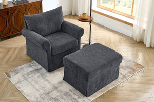 English Elm 37.5" Wide Chenille Armchair with Ottoman Plush Foam Seat for Bedroom Lounge Grey W1193P486036