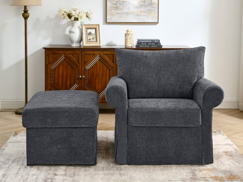 English Elm 37.5" Wide Chenille Armchair with Ottoman Plush Foam Seat for Bedroom Lounge Grey W1193P486036
