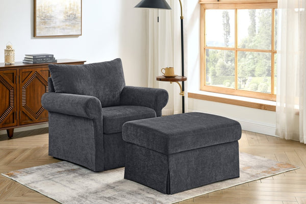 English Elm 37.5" Wide Chenille Armchair with Ottoman Plush Foam Seat for Bedroom Lounge Grey W1193P486036
