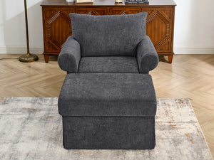 English Elm 37.5" Wide Chenille Armchair with Ottoman Plush Foam Seat for Bedroom Lounge Grey W1193P486036
