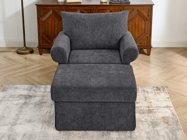 English Elm 37.5" Wide Chenille Armchair with Ottoman Plush Foam Seat for Bedroom Lounge Grey W1193P486036