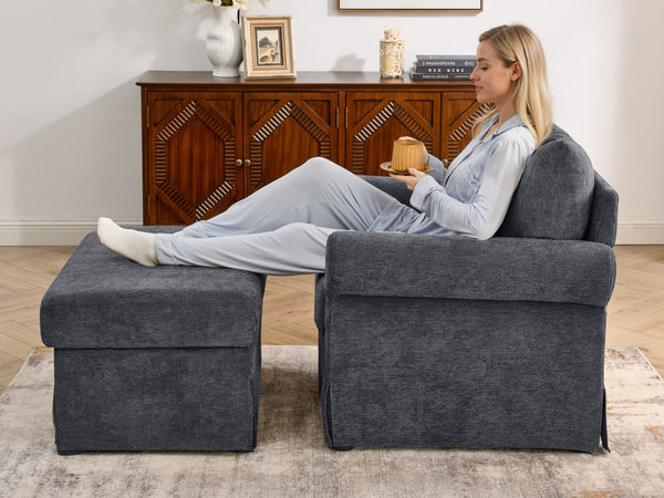 English Elm 37.5" Wide Chenille Armchair with Ottoman Plush Foam Seat for Bedroom Lounge Grey W1193P486036