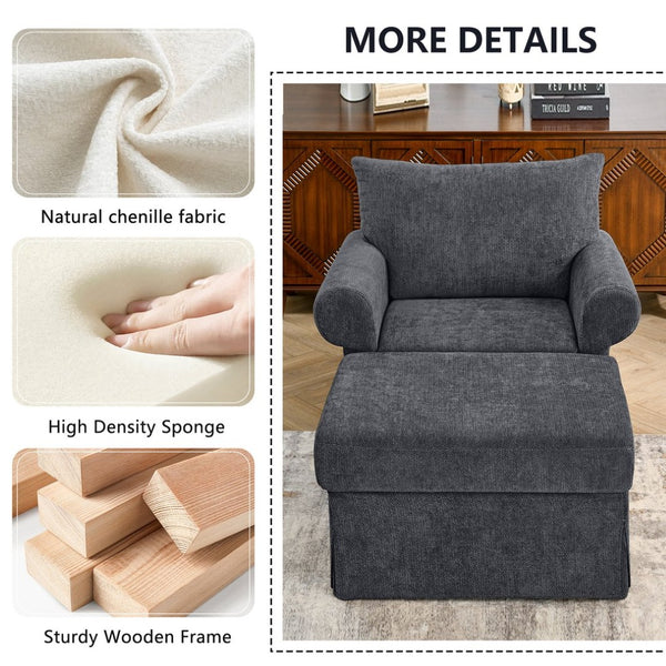 English Elm 37.5" Wide Chenille Armchair with Ottoman Plush Foam Seat for Bedroom Lounge Grey W1193P486036