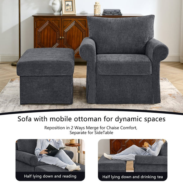 English Elm 37.5" Wide Chenille Armchair with Ottoman Plush Foam Seat for Bedroom Lounge Grey W1193P486036