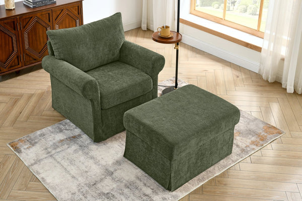 English Elm 37.5" Wide Chenille Armchair with Ottoman Plush Foam Seat for Bedroom Lounge Green W1193P486045