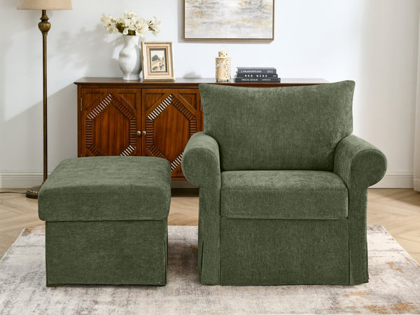 English Elm 37.5" Wide Chenille Armchair with Ottoman Plush Foam Seat for Bedroom Lounge Green W1193P486045