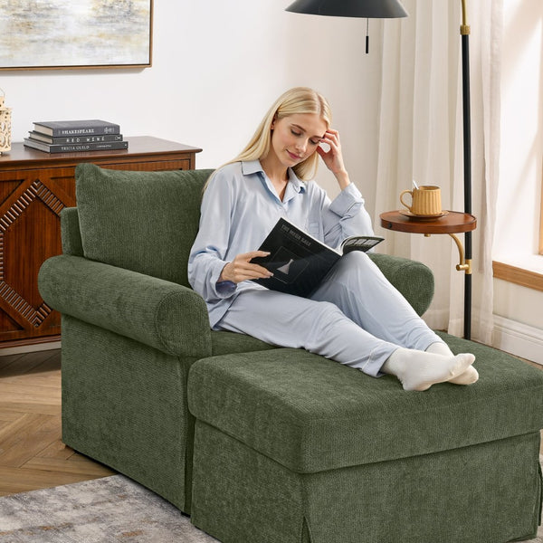 English Elm 37.5" Wide Chenille Armchair with Ottoman Plush Foam Seat for Bedroom Lounge Green W1193P486045