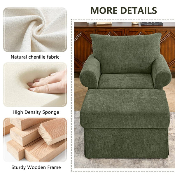 English Elm 37.5" Wide Chenille Armchair with Ottoman Plush Foam Seat for Bedroom Lounge Green W1193P486045