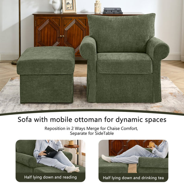 English Elm 37.5" Wide Chenille Armchair with Ottoman Plush Foam Seat for Bedroom Lounge Green W1193P486045