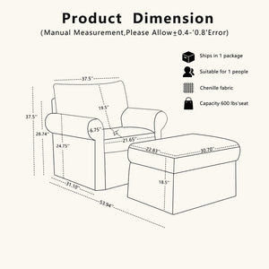 English Elm 37.5" Wide Chenille Armchair with Ottoman Plush Foam Seat for Bedroom Lounge W1193P486066