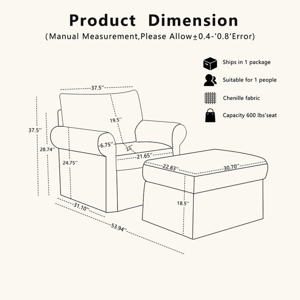 English Elm 37.5" Wide Chenille Armchair with Ottoman Plush Foam Seat for Bedroom Lounge W1193P486066