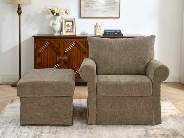 English Elm 37.5" Wide Chenille Armchair with Ottoman Plush Foam Seat for Bedroom Lounge W1193P486066