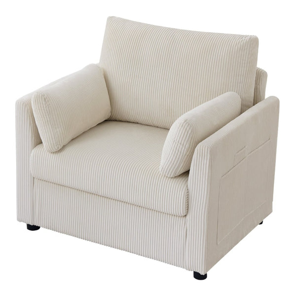 English Elm 37.75" Corduroy Oversized Armchair with Side Pockets Solid Wood Frame Lounge Seating Beige W1193P486069