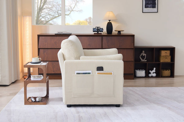 English Elm 37.75" Corduroy Oversized Armchair with Side Pockets Solid Wood Frame Lounge Seating Beige W1193P486069