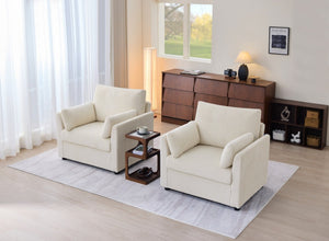 English Elm 37.75" Corduroy Oversized Armchair with Side Pockets Solid Wood Frame Lounge Seating Beige W1193P486069