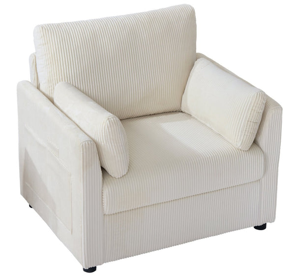 English Elm 37.75" Corduroy Oversized Armchair with Side Pockets Solid Wood Frame Lounge Seating Beige W1193P486069