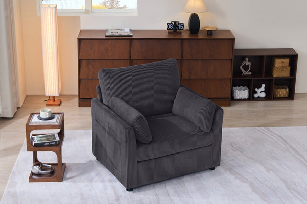 English Elm 37.75" Corduroy Oversized Armchair with Side Pockets Solid Wood Frame Lounge Seating Grey W1193P486070
