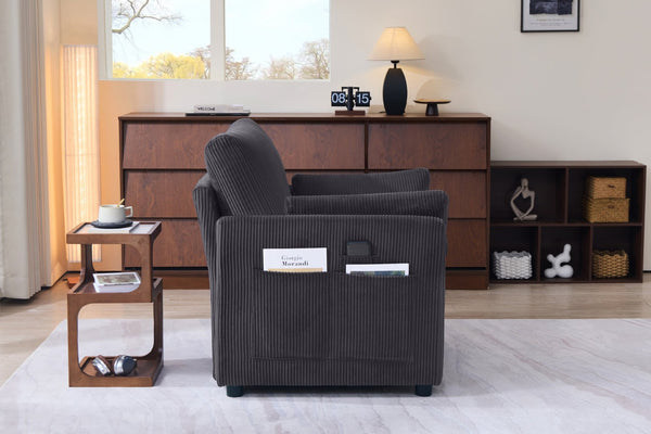 English Elm 37.75" Corduroy Oversized Armchair with Side Pockets Solid Wood Frame Lounge Seating Grey W1193P486070