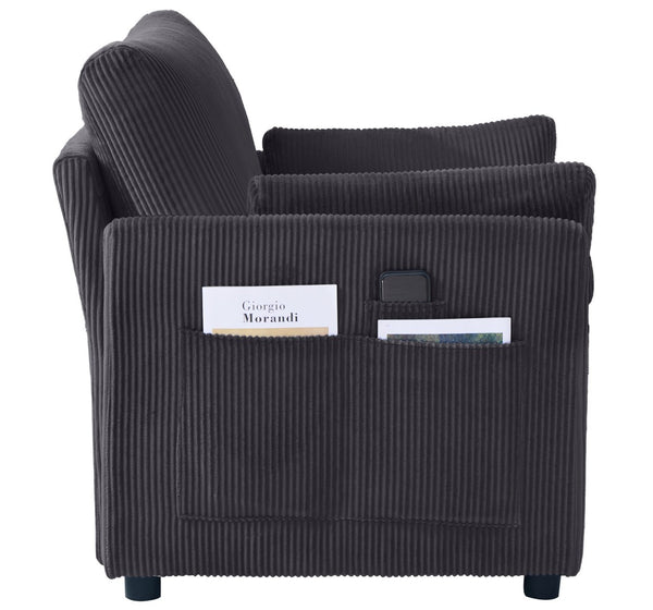 English Elm 37.75" Corduroy Oversized Armchair with Side Pockets Solid Wood Frame Lounge Seating Grey W1193P486070