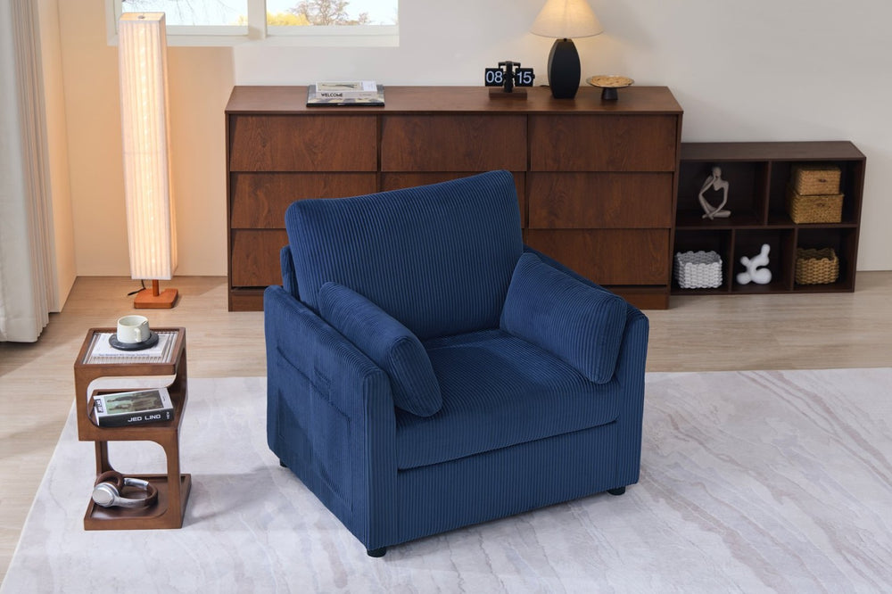 English Elm 37.75" Corduroy Oversized Armchair with Side Pockets Solid Wood Frame Lounge Seating Blue W1193P486072