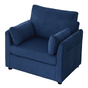 English Elm 37.75" Corduroy Oversized Armchair with Side Pockets Solid Wood Frame Lounge Seating Blue W1193P486072