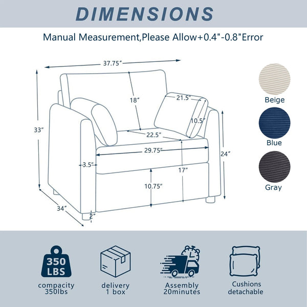 English Elm 37.75" Corduroy Oversized Armchair with Side Pockets Solid Wood Frame Lounge Seating Blue W1193P486072