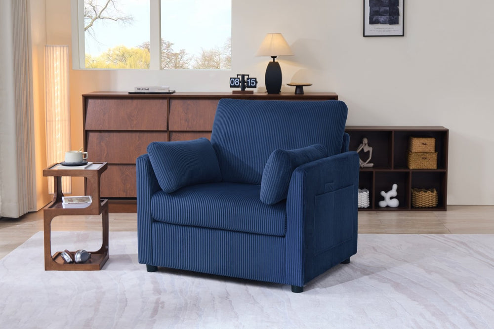 English Elm 37.75" Corduroy Oversized Armchair with Side Pockets Solid Wood Frame Lounge Seating Blue W1193P486072