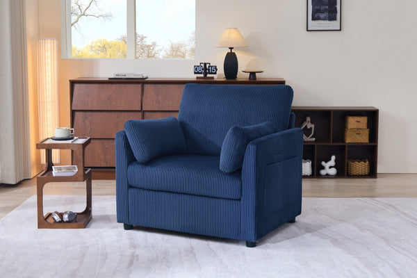 English Elm 37.75" Corduroy Oversized Armchair with Side Pockets Solid Wood Frame Lounge Seating Blue W1193P486072