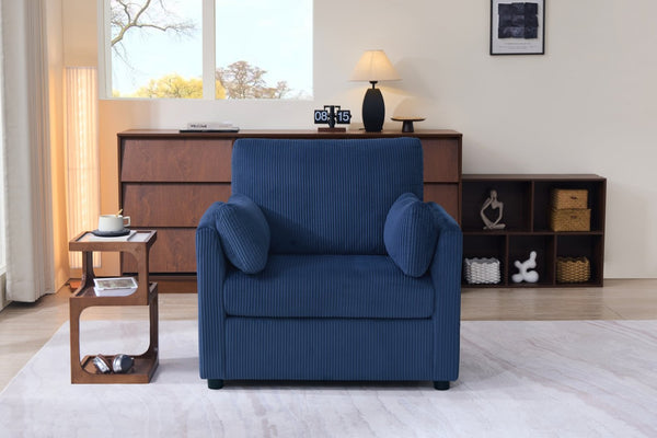 English Elm 37.75" Corduroy Oversized Armchair with Side Pockets Solid Wood Frame Lounge Seating Blue W1193P486072