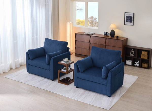 English Elm 37.75" Corduroy Oversized Armchair with Side Pockets Solid Wood Frame Lounge Seating Blue W1193P486072