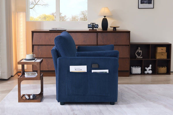 English Elm 37.75" Corduroy Oversized Armchair with Side Pockets Solid Wood Frame Lounge Seating Blue W1193P486072